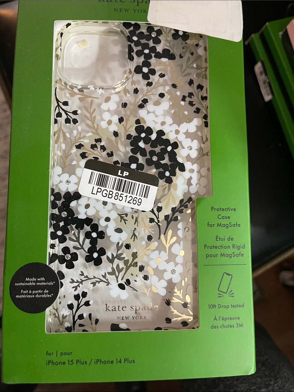 kate spade Clear Floral MagSafe iPhone 15/14 plus Case — Black, White & Gold